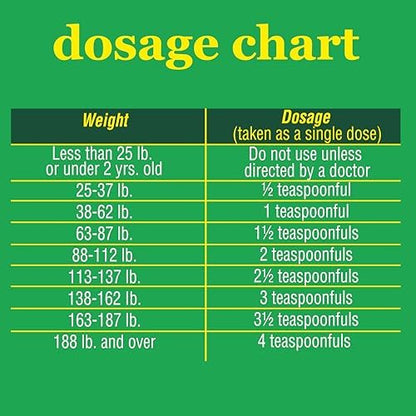 A+Health liquid pinworm medicine side panel showing dosage instructions