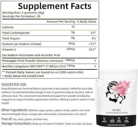 Back label of Nuora Feminine Balance Gummies detailing probiotic ingredients and directions.