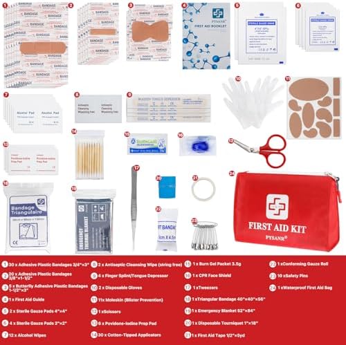 PYSANR 150 piece first aid kit contents spread out with scissors