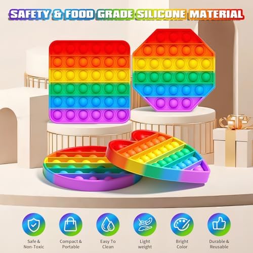 Durable heart and octagonal shaped sensory poppet toys illustrating the washable texture and colorful design for anxiety relief.