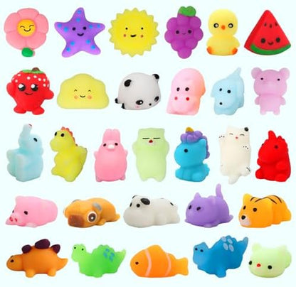 Close up view of miniature multicolor animal squeeze toys for classroom rewards