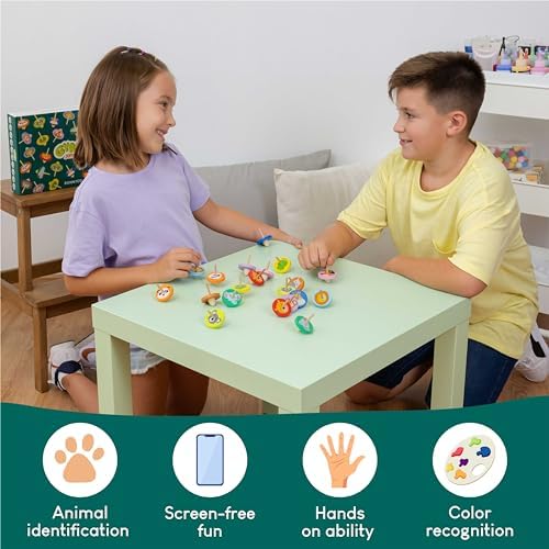 Close up of wooden lion spinning top toy for children