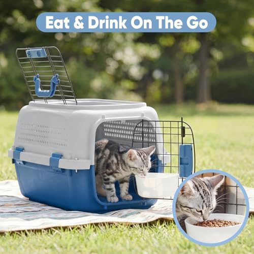 DUMOS 23" Hard-Sided Pet Carrier for Small Dogs & Cats, Airline Approved Travel Crate with Enhanced Security Latches, Front & Top Load Wire Door, Food Bowl for Traveling, Hiking, Camping, Grey&Blue - Image 5