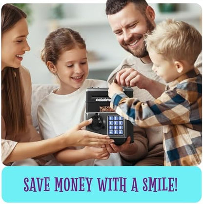 Bottom view of the children money saving safe showcasing the secure battery compartment placement.