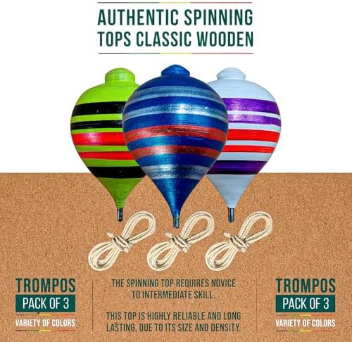 Handcrafted wooden trompos with metal tips and vibrant artisan paint