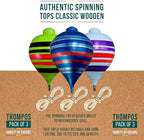 Handcrafted wooden trompos with metal tips and vibrant artisan paint