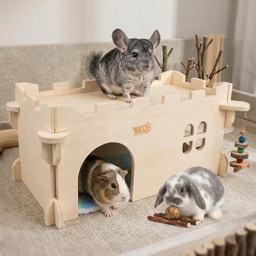 Castle Chinchilla House, Small Animal Hideout for Chinchilla, Guinea Pig, Hedgehog, or Rat, Ventilated Wooden Guinea Pig Hut Habitat with Multiple Doors (Large) - Image 7