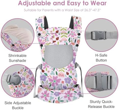 Parent wearing YooxArmor floral baby carrier hands-free