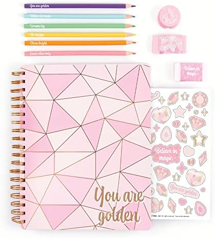 3C4G kids journal set showing included sharpener erasers and motivational affirmation sticker sheet