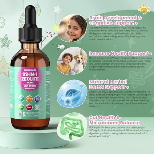Supplement facts label on Molorik Pure 60ml detox bottle highlighting DHA and probiotics