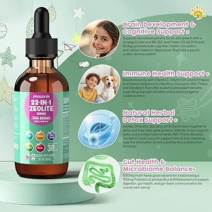 Supplement facts label on Molorik Pure 60ml detox bottle highlighting DHA and probiotics
