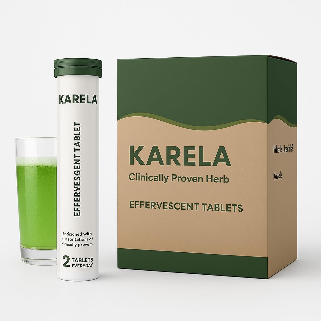 Goodveda Karela Effervescent Tablets front packaging showing the Ayurvedic sugar control drink mix benefits.