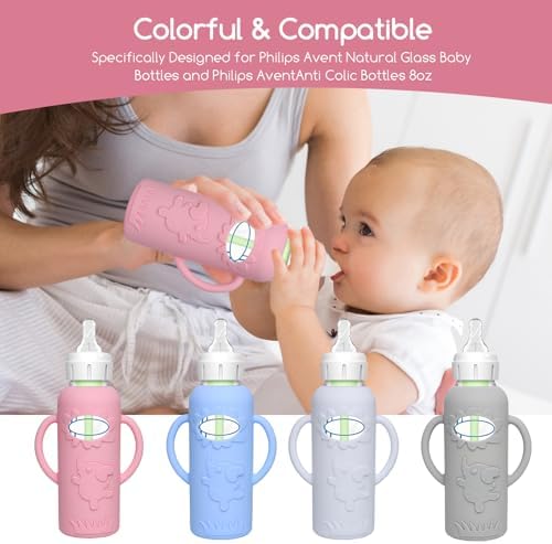 WAJIAYON 4 Pack Silicone Sleeves for Dr. Brown's Glass Baby Bottles -Drop Protection Easy-Grip Baby Bottle Sleeves Holder with Handles, Compatible with Dr. Brown's Newborn Glass Bottles 8 oz/250 mL - Image 5