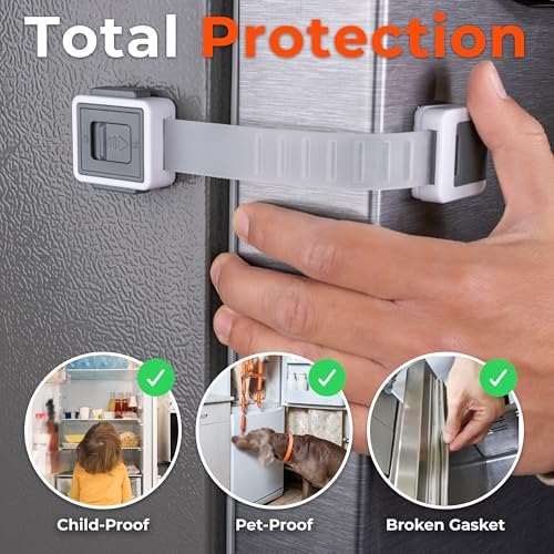 HomeBrella baby proofing straps attached to a kitchen freezer showing the heavy-duty adhesive backing.