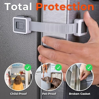 HomeBrella baby proofing straps attached to a kitchen freezer showing the heavy-duty adhesive backing.