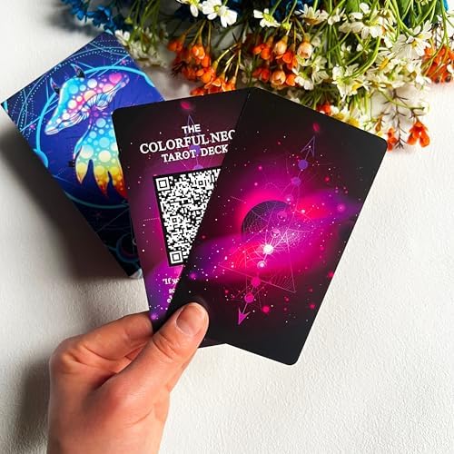 Close up of vibrant neon artwork on major arcana cards