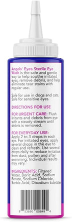 Back label of Angels' Eyes sterile pet eye wash showing directions