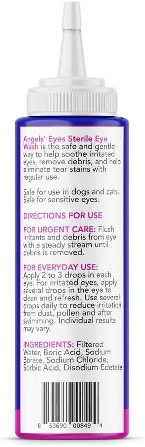 Back label of Angels' Eyes sterile pet eye wash showing directions