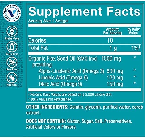 Close up of the label instructions for the certified organic flax seed oil dietary supplement from the USA.