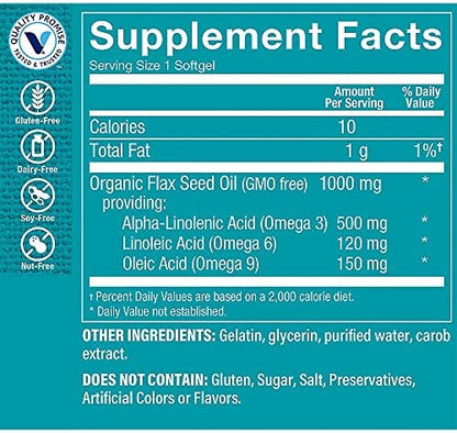 Close up of the label instructions for the certified organic flax seed oil dietary supplement from the USA.