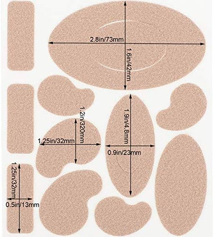 Close up of various shapes of flannel adhesive moleskin pads for heel and toe protection.