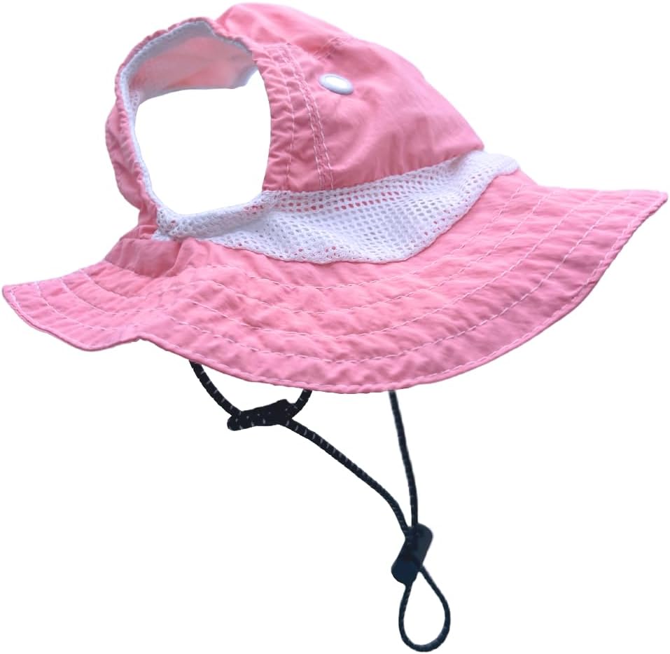 Pink bucket style pet hat with ear holes side view