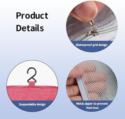 Hanging ostomy supply bag showing internal compartments and swivel hook.