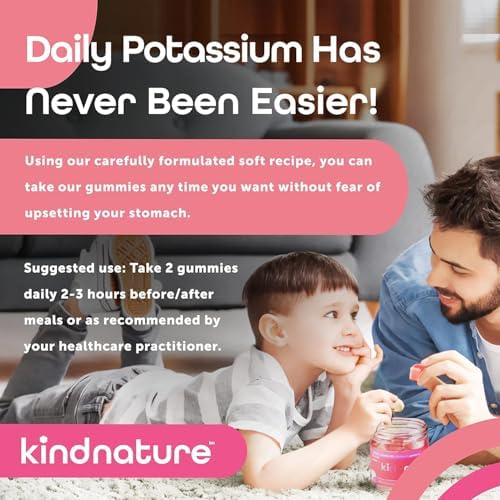 Close-up of nutritional facts on Kindnature high potassium sixty count supplement packaging indicating five hundred milligrams per serving