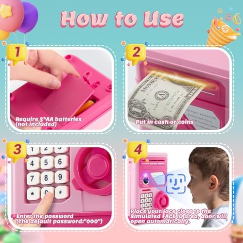 Children money safe showing automatic paper cash rolling slot mechanism