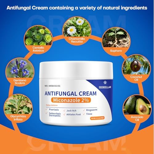Close up of the 3.4 ounce anti fungal cream container highlighting natural ingredients.