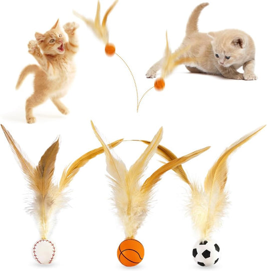 AVYDIIF cat feather bouncy ball toys three piece set front view showing sports designs