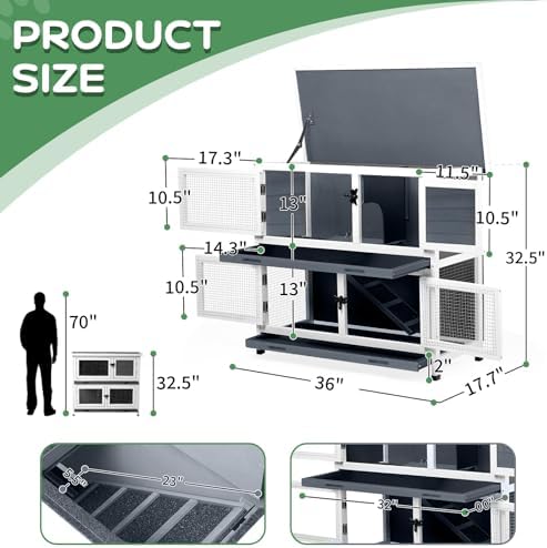2 Story Solid Wood Rabbit/Bunny Hutch with 2 Large Main Rooms, Indoor Outdoor Rabbit House Guinea Pig Cage Pet House for Small Animals with Ventilation Door Removable Tray Waterproof Roof (Grey) - Image 8