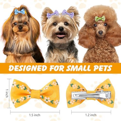 Small dog wearing decorative ribbon grooming bow