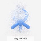 Comotomo blue baby teether highlighting the soft flexible texture for gum relief