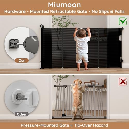Retractable dog barrier neatly rolled up against a stairway wall bracket