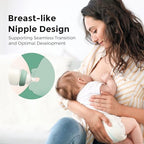 Close up view of the small size Momcozy baby bottle nipple showing the integrated anti colic vent.