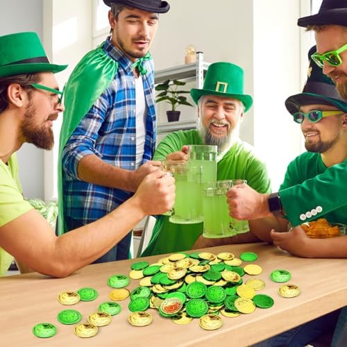 Gold and green Irish party favor coins scattered around a festive holiday display.