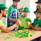 Gold and green Irish party favor coins scattered around a festive holiday display.