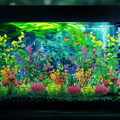 QUOZUO small to large plastic plants arranged beautifully inside a twenty gallon aquarium