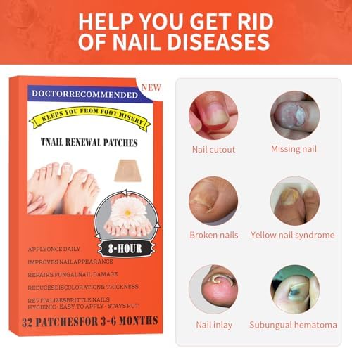 Close up of the 32 count fungal nail renewal patches box for discolored nails.