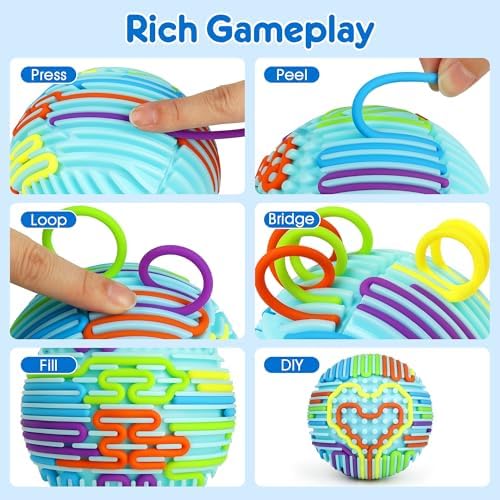 Helsort developmental toy for children showing all twenty colorful replacement strings spread neatly out next to the main ball