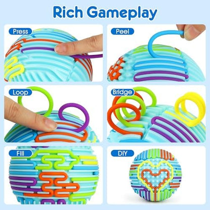 Helsort developmental toy for children showing all twenty colorful replacement strings spread neatly out next to the main ball
