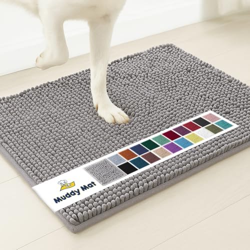 Close up of plush microfiber chenille texture on grey indoor mat