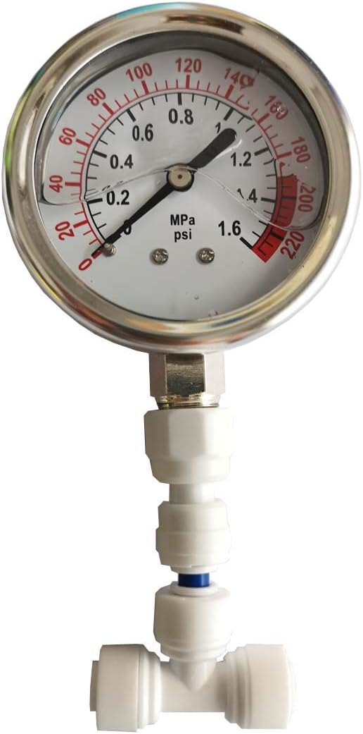 Malida stainless steel water pressure gauge front view displaying dual scale metric readings for filtration systems.