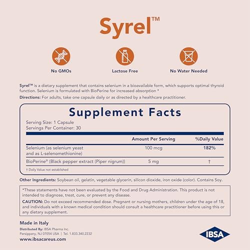Close-up of the supplement facts panel for Syrel thyroid support capsules.