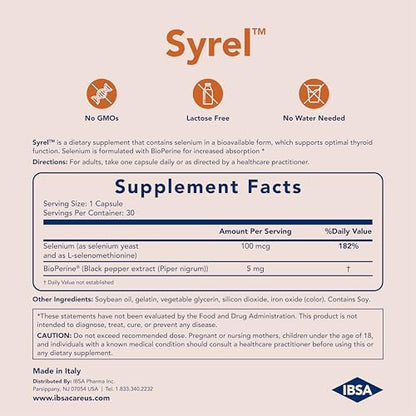 Close-up of the supplement facts panel for Syrel thyroid support capsules.