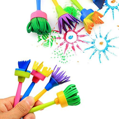 Assorted funky foam shapes and sponge painters from the EVNEED early learning studio kit spread out.