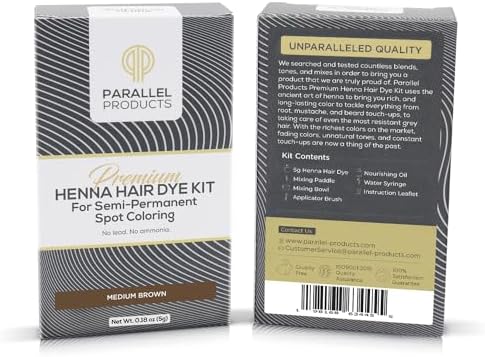 Parallel Products medium brown henna powder bottle close up with nourishing oil
