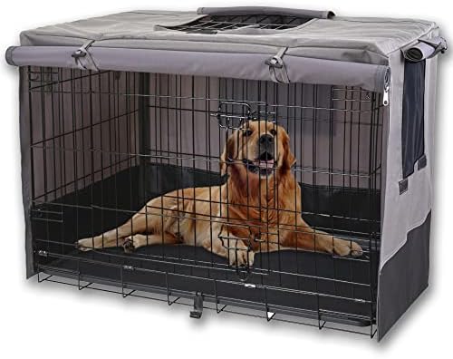 Rachmi 600D canvas water resistant dog kennel cover in gray.