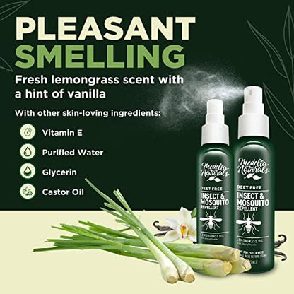 Side angle of eight fluid ounce medella naturals insect spray bottles demonstrating the secure pump mechanism for families